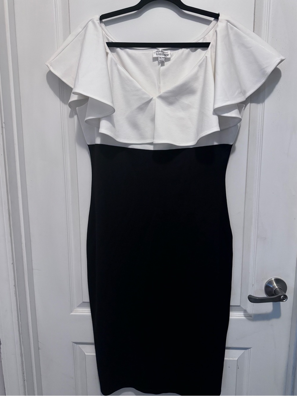 Unique Vintage Black and White Ruffle-Trim Midi Sheath Dress